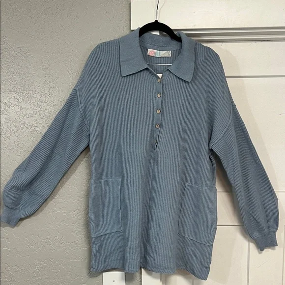 FREE PEOPLE BEACH RIBBED PICNIC SWEATER MINI DRESS  BLUE - Picture 3 of 16